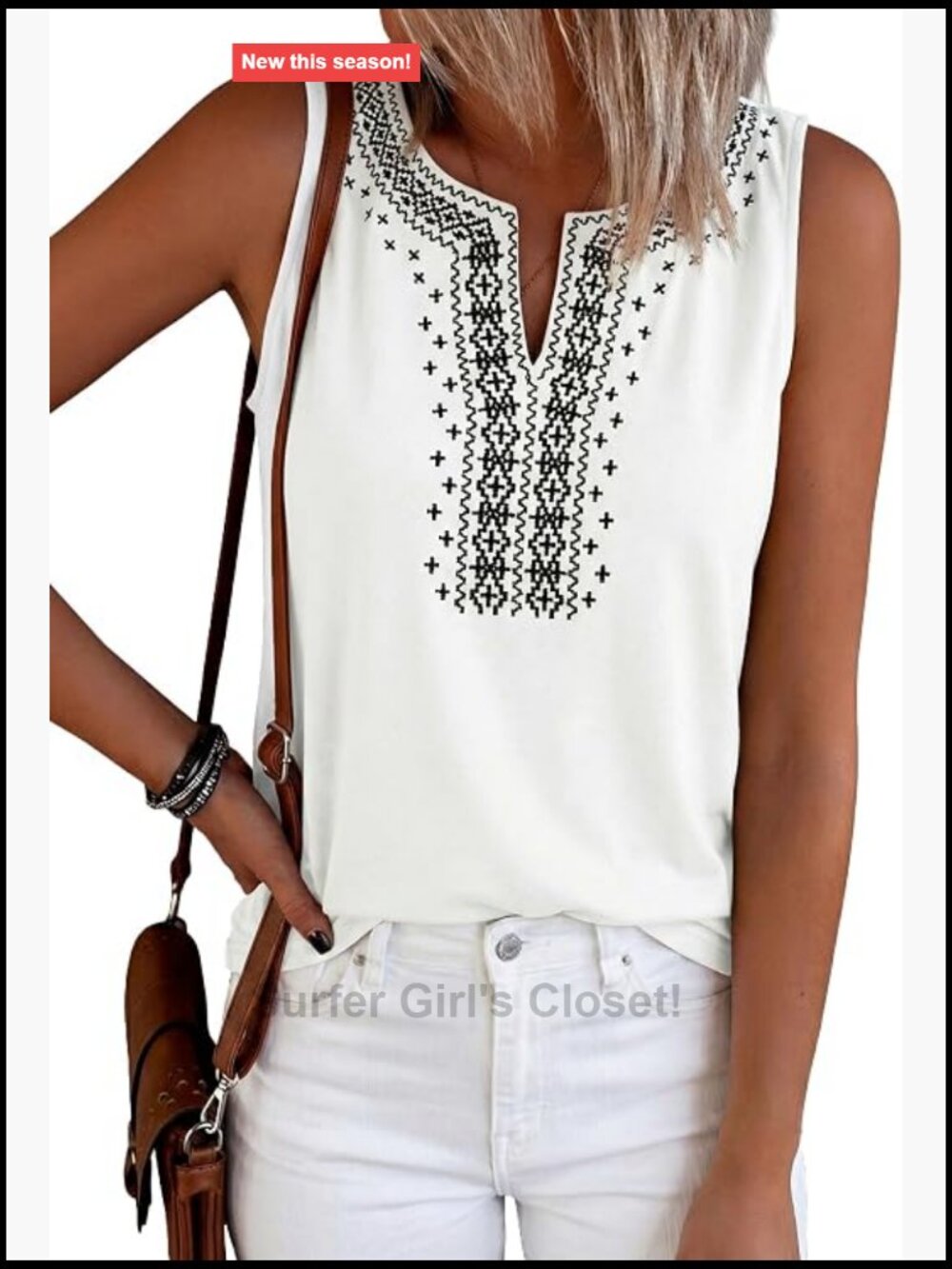 Women Sleeveless V Neck Embroidered Tank Top Boho Summer Cami Cotton